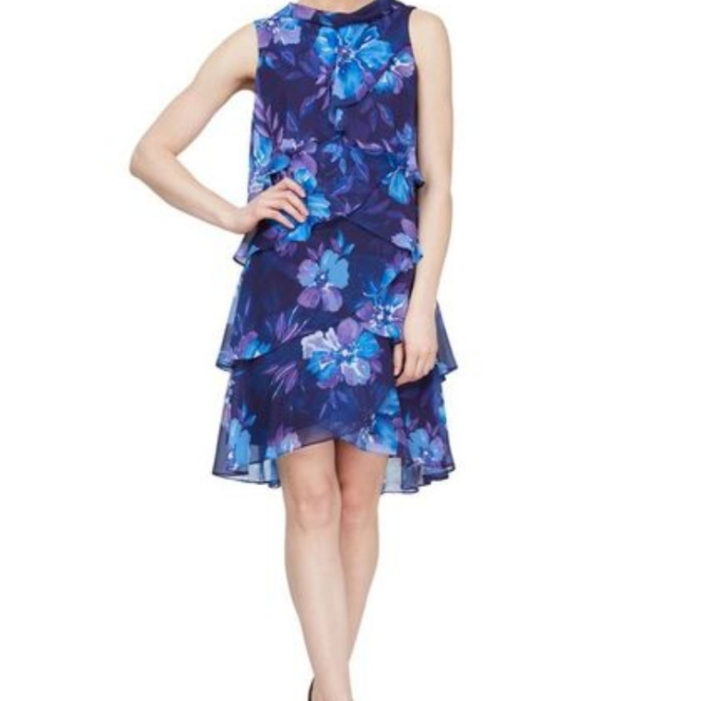 SLNY Blue Floral Layered Dress 8 NWT